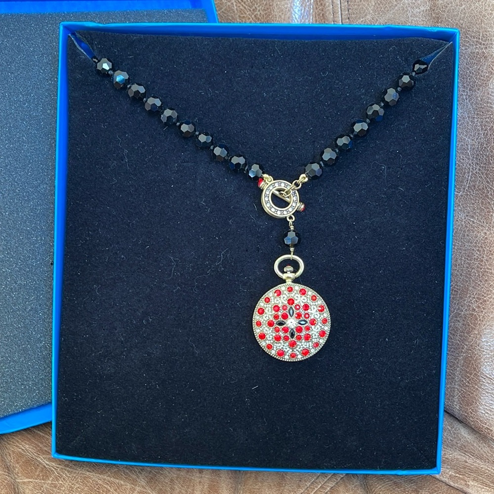 Heidi Daus Watch Pendant Necklace Timing Is EverythingJet Black Red Crystal 36"